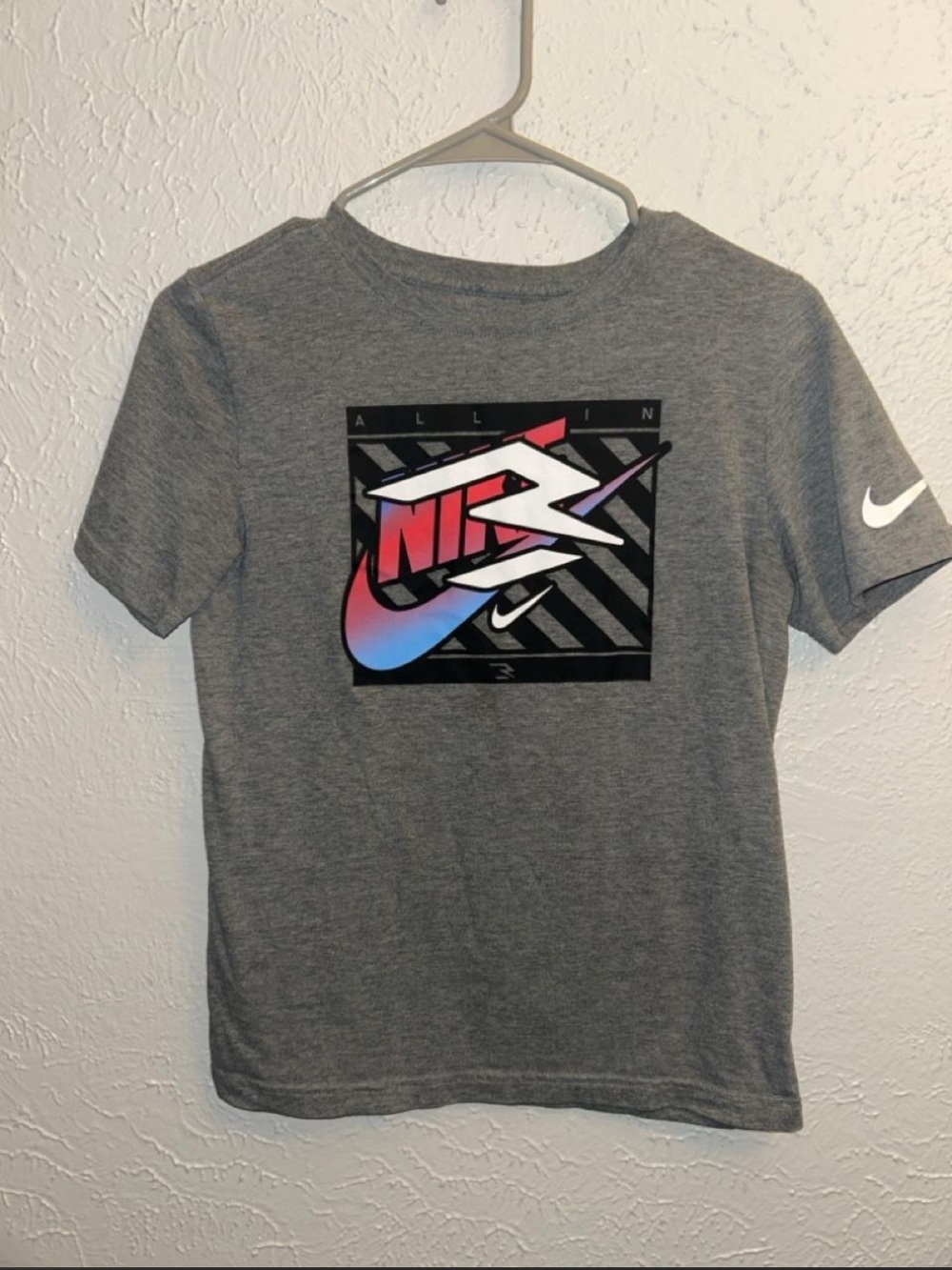Nike Gray Tee with Pink-to-Blue Gradient Swoosh Graphic